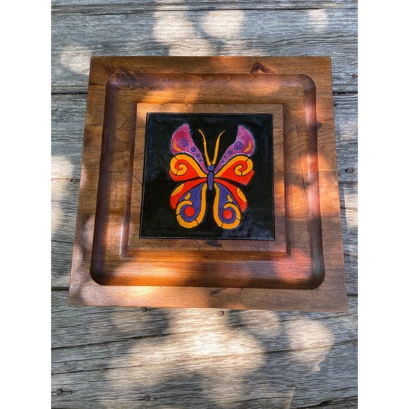 Vintage MCM Teak Wood Style Footed Tray Trivet Tile Butterfly - Picture 1 of 14